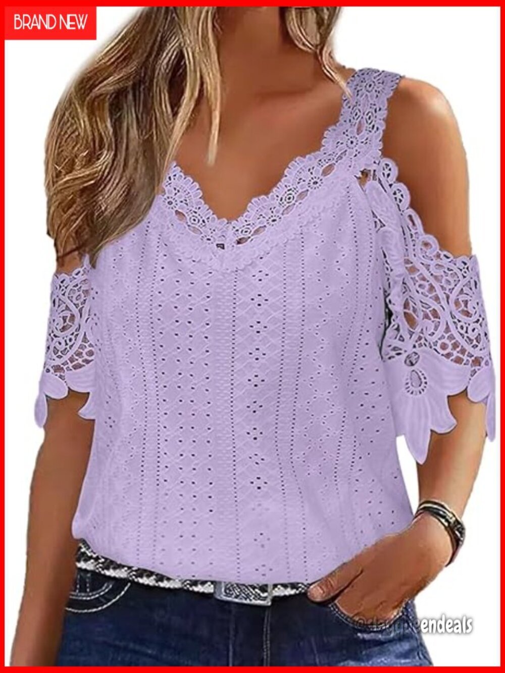 Cold Shoulder Eyelet Lace Blouse, V-Neck Short Sleeve Summer Top